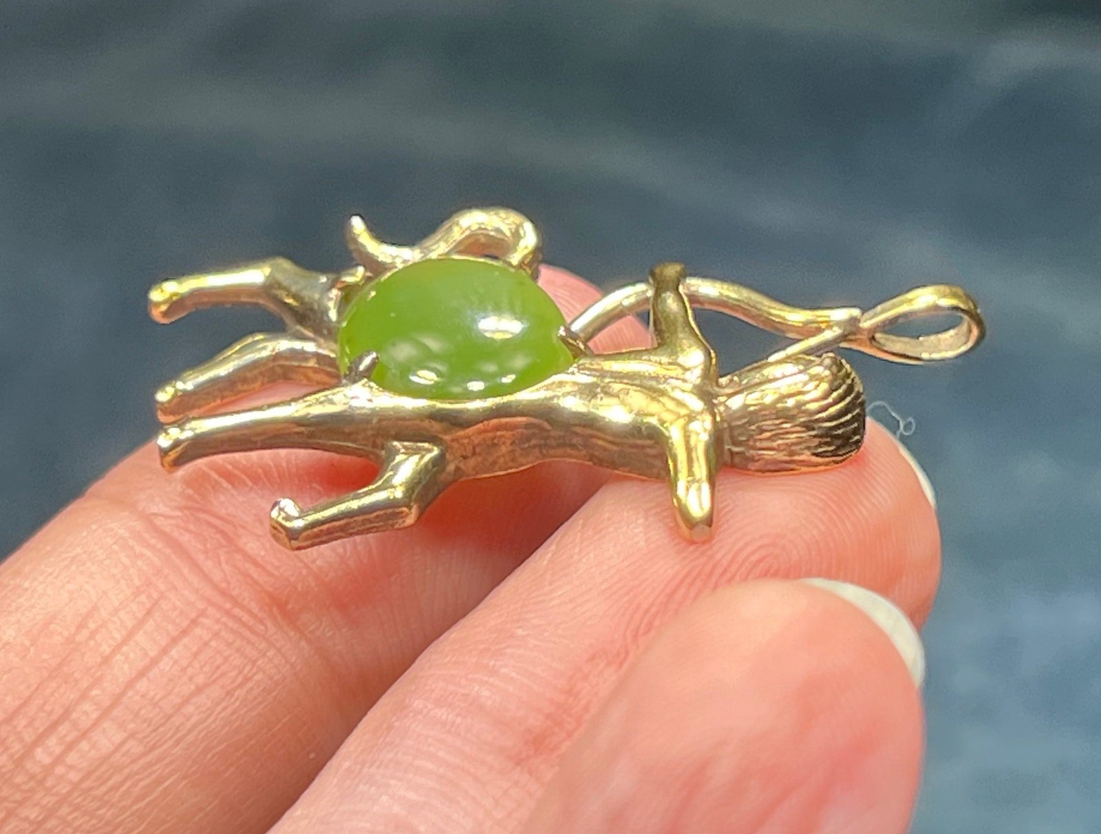 14k Yellow Gold Jade Archer Centaur Sagittarius Pendant. 1.5"