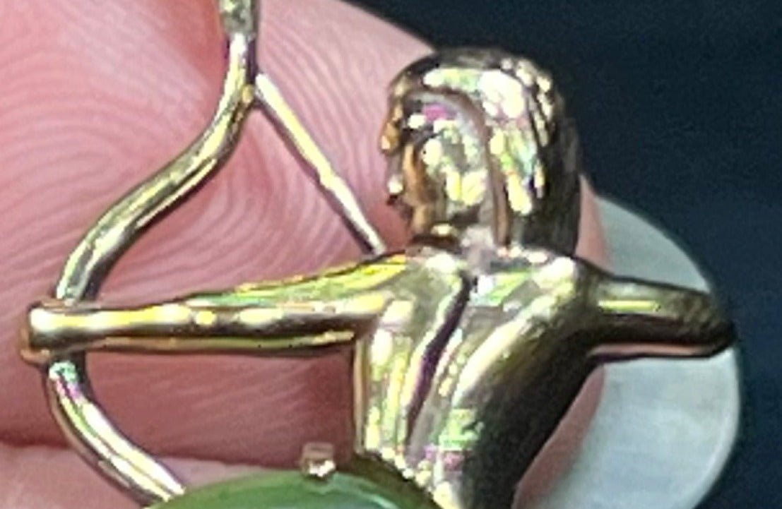 14k Yellow Gold Jade Archer Centaur Sagittarius Pendant. 1.5"