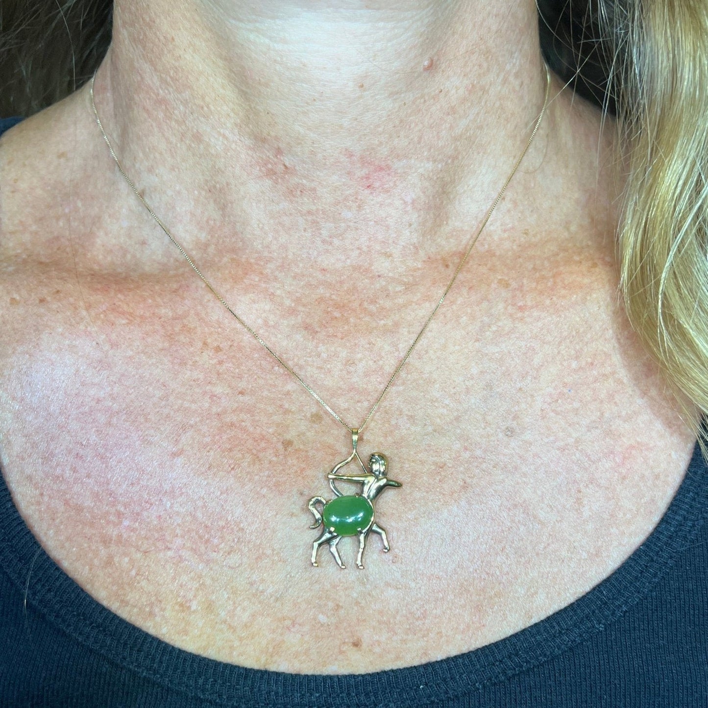 14k Yellow Gold Jade Archer Centaur Sagittarius Pendant. 1.5"