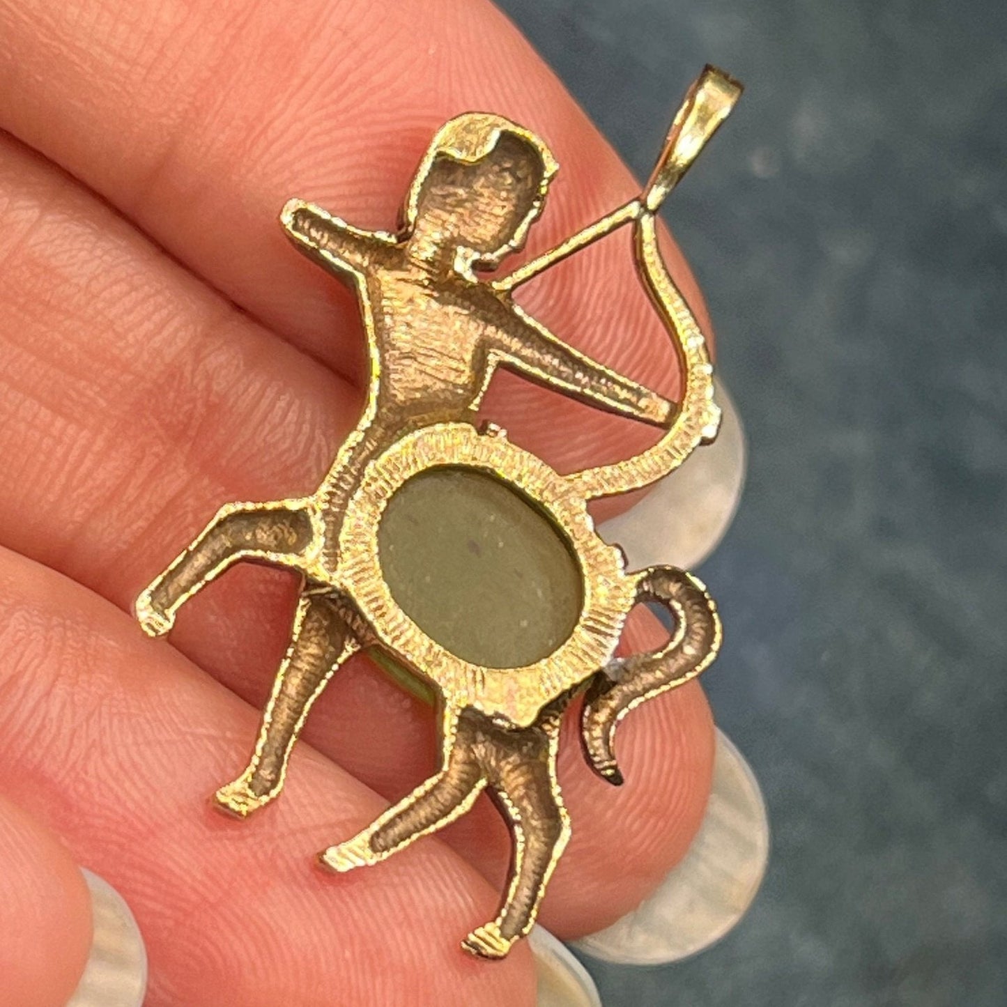 14k Yellow Gold Jade Archer Centaur Sagittarius Pendant. 1.5"