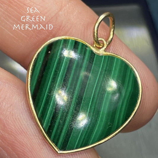 14k Yellow Gold Malachite & Onyx Heart Pendant. Reversible! Large 1"