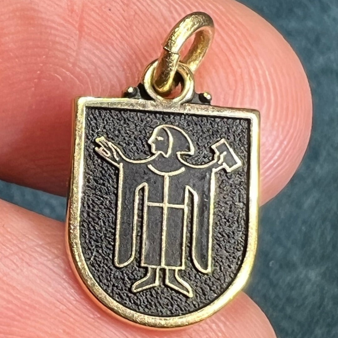 14k Yellow Gold Monk Friar Shield Pendant. Blackened Gold