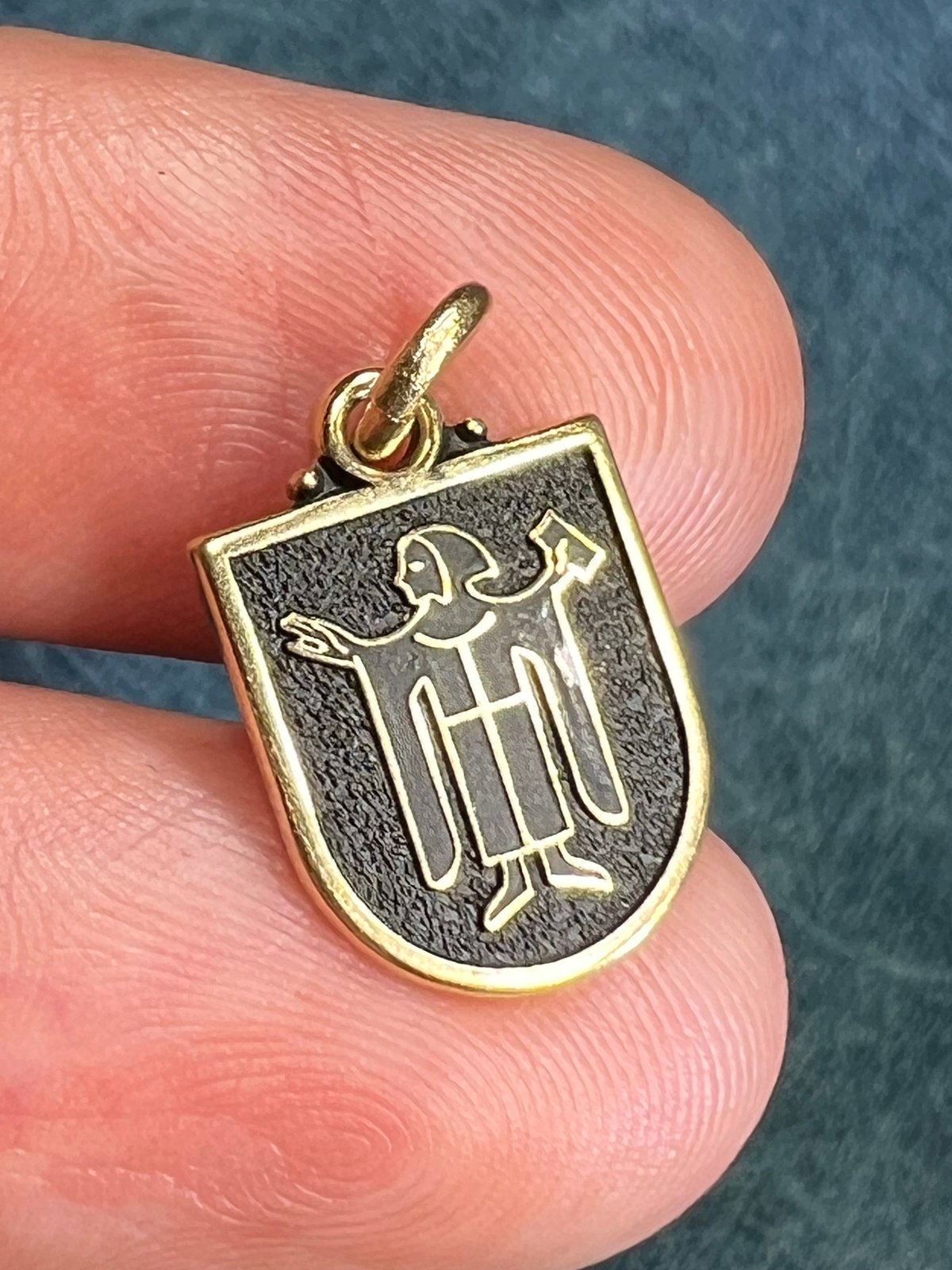 14k Yellow Gold Monk Friar Shield Pendant. Blackened Gold