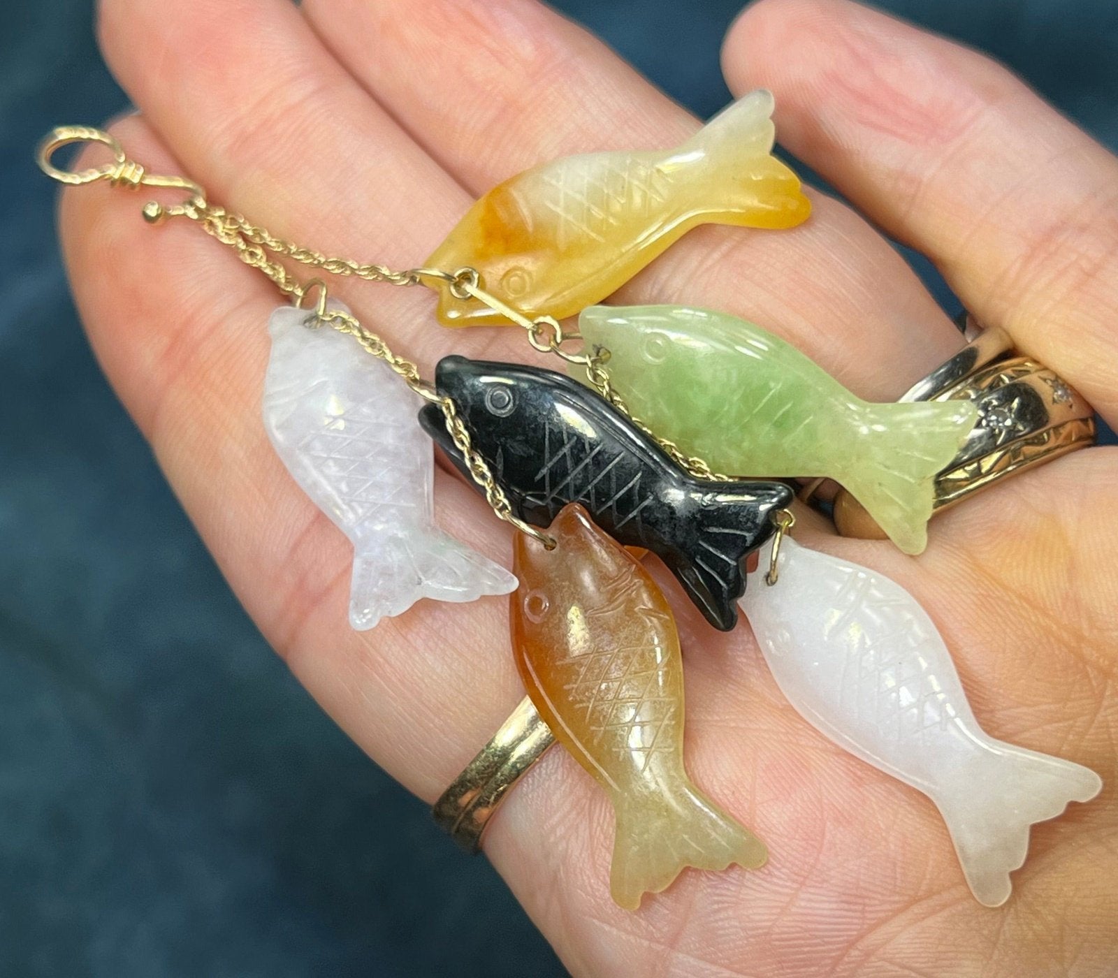 14k Yellow Gold Multi-Color Jade Carved Fish Pendant. 3.5