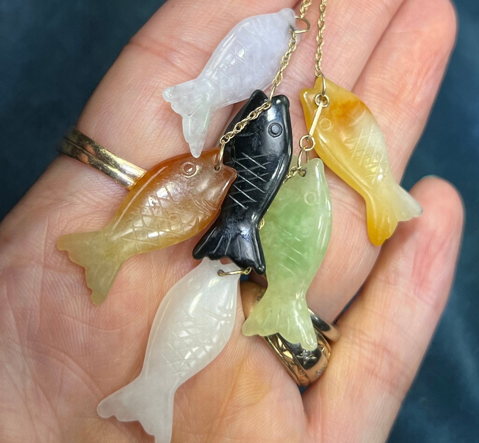 carved jade fish hook 14k Yellow Gold Multi-Color Jade Carved Fish Pendant. 3.5" – Sea Green Mermaid