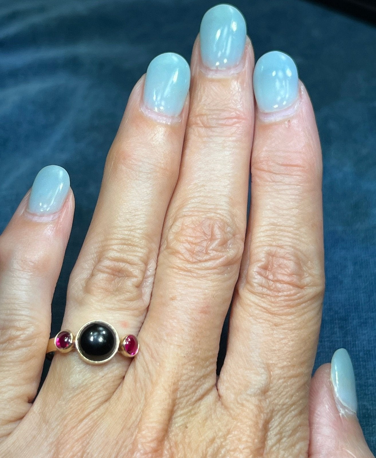 14k Yellow Gold Onyx + Pink Tourmaline Cabochon Ring. Bezel-Set