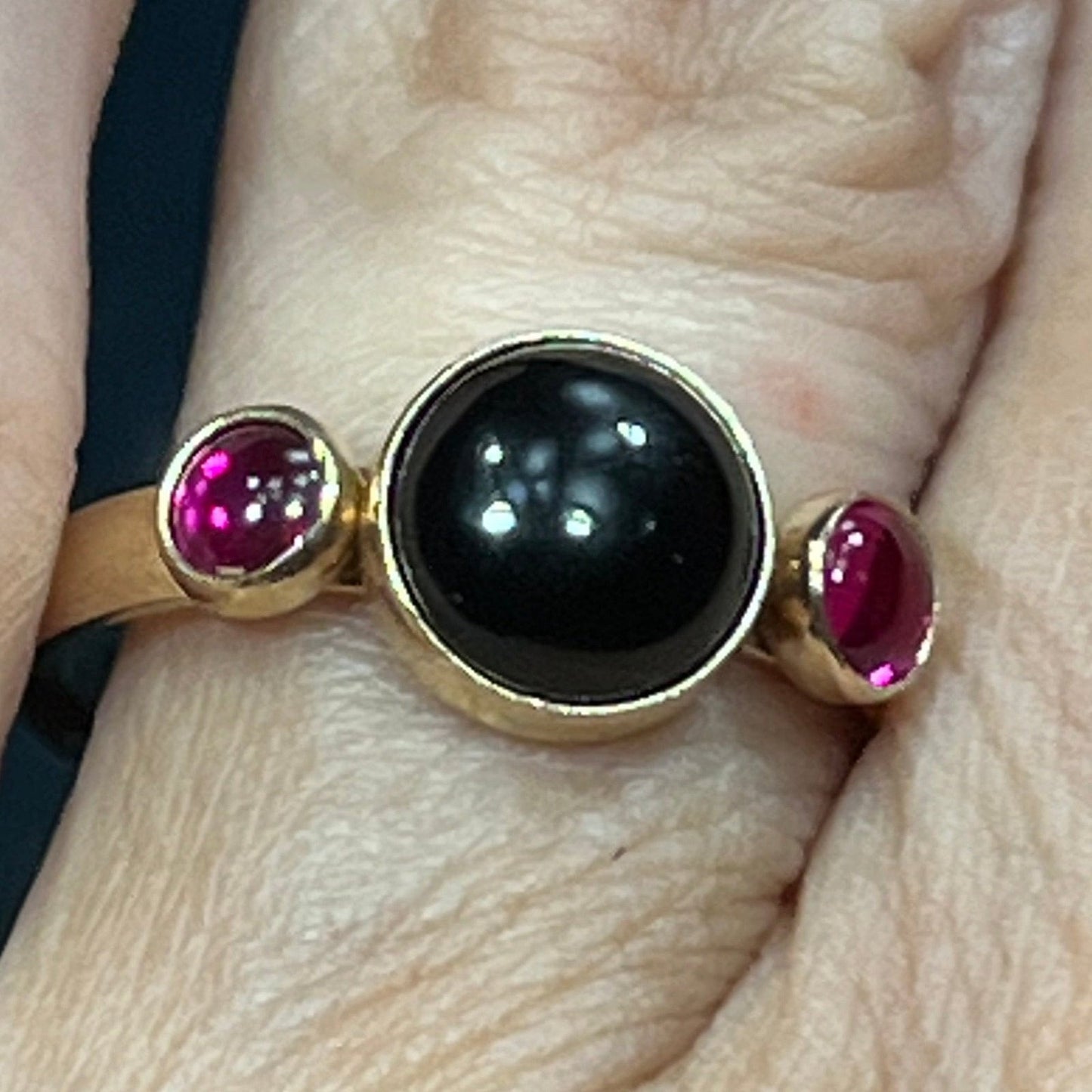 14k Yellow Gold Onyx + Pink Tourmaline Cabochon Ring. Bezel-Set