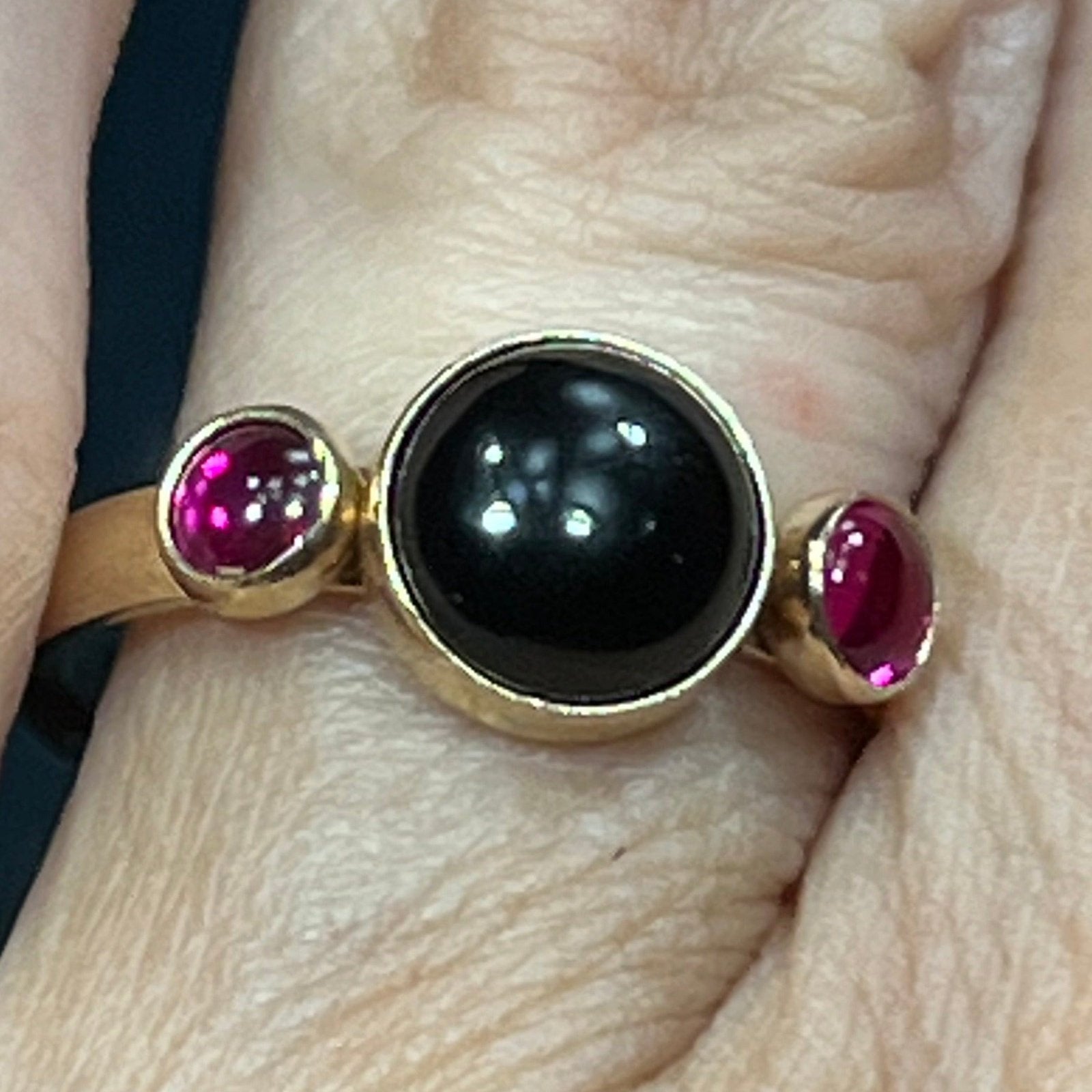 14k Yellow Gold Onyx + Pink Tourmaline Cabochon Ring. Bezel-Set
