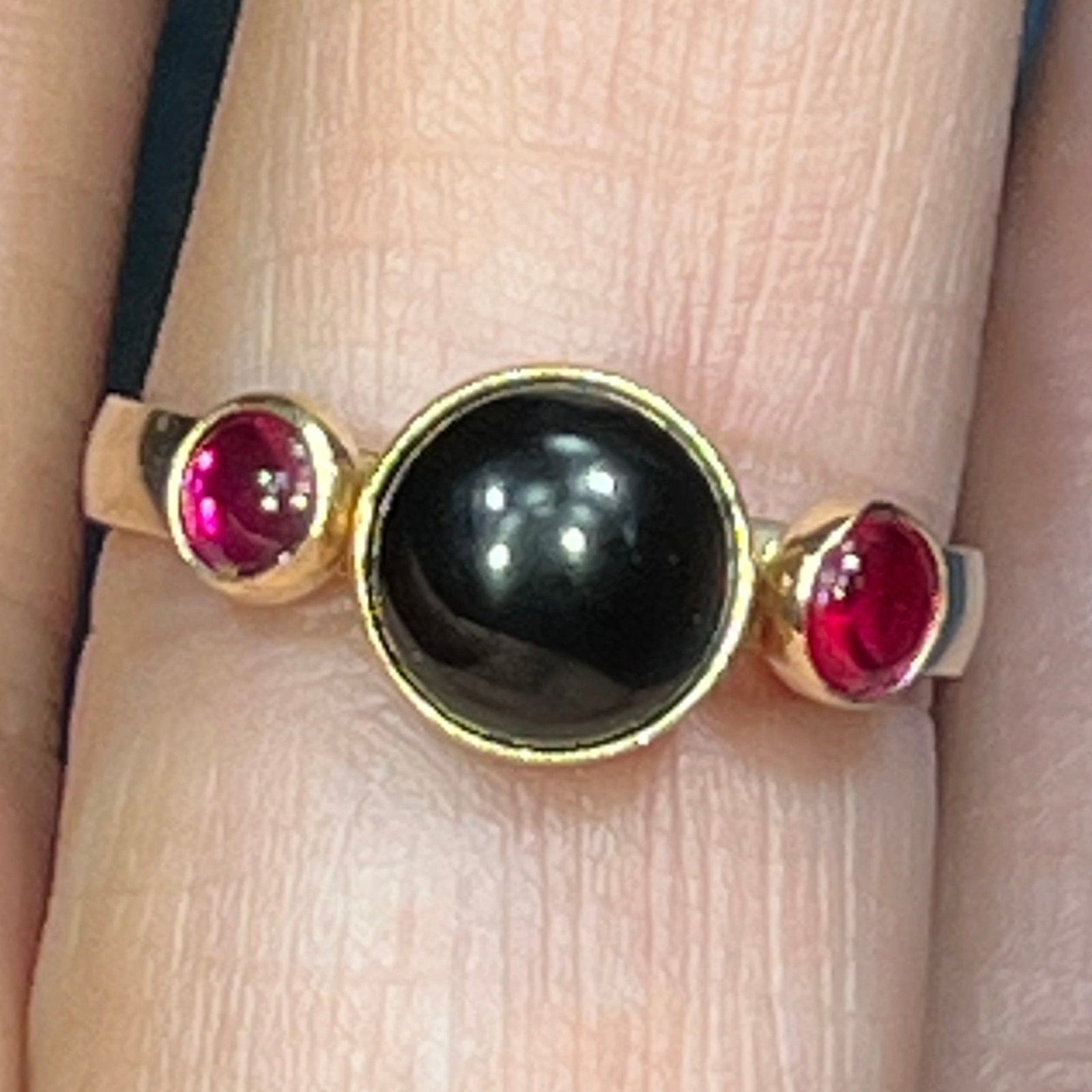 14k Yellow Gold Onyx + Pink Tourmaline Cabochon Ring. Bezel-Set