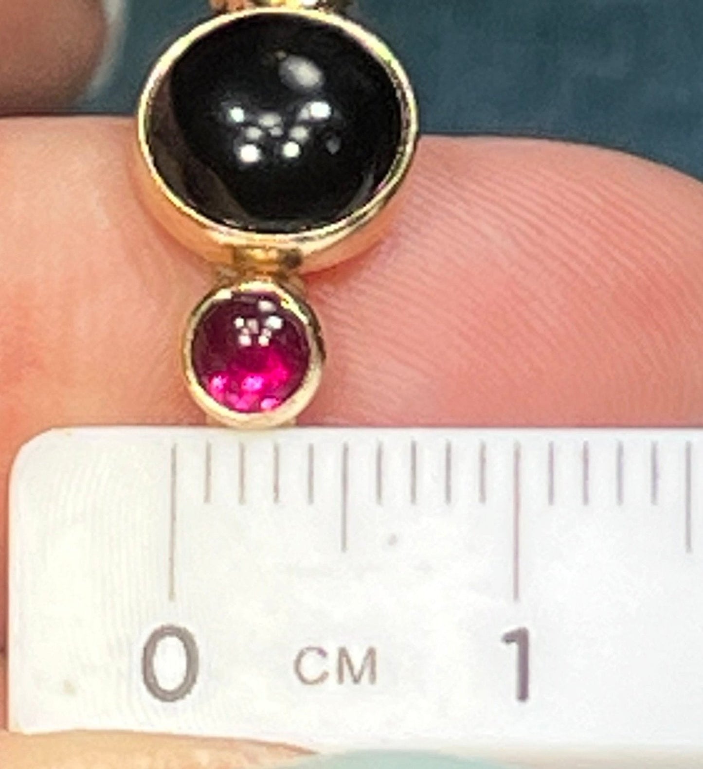 14k Yellow Gold Onyx + Pink Tourmaline Cabochon Ring. Bezel-Set