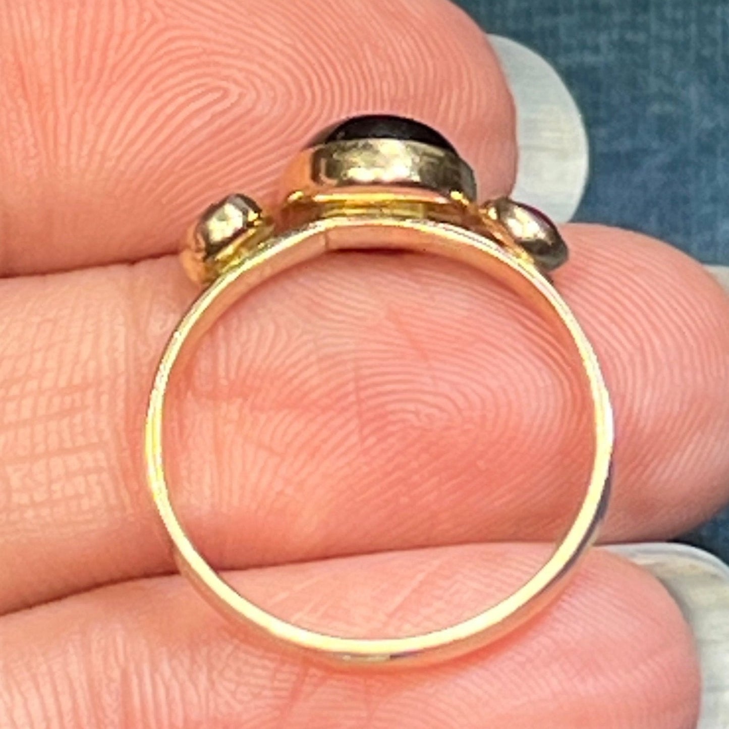 14k Yellow Gold Onyx + Pink Tourmaline Cabochon Ring. Bezel-Set