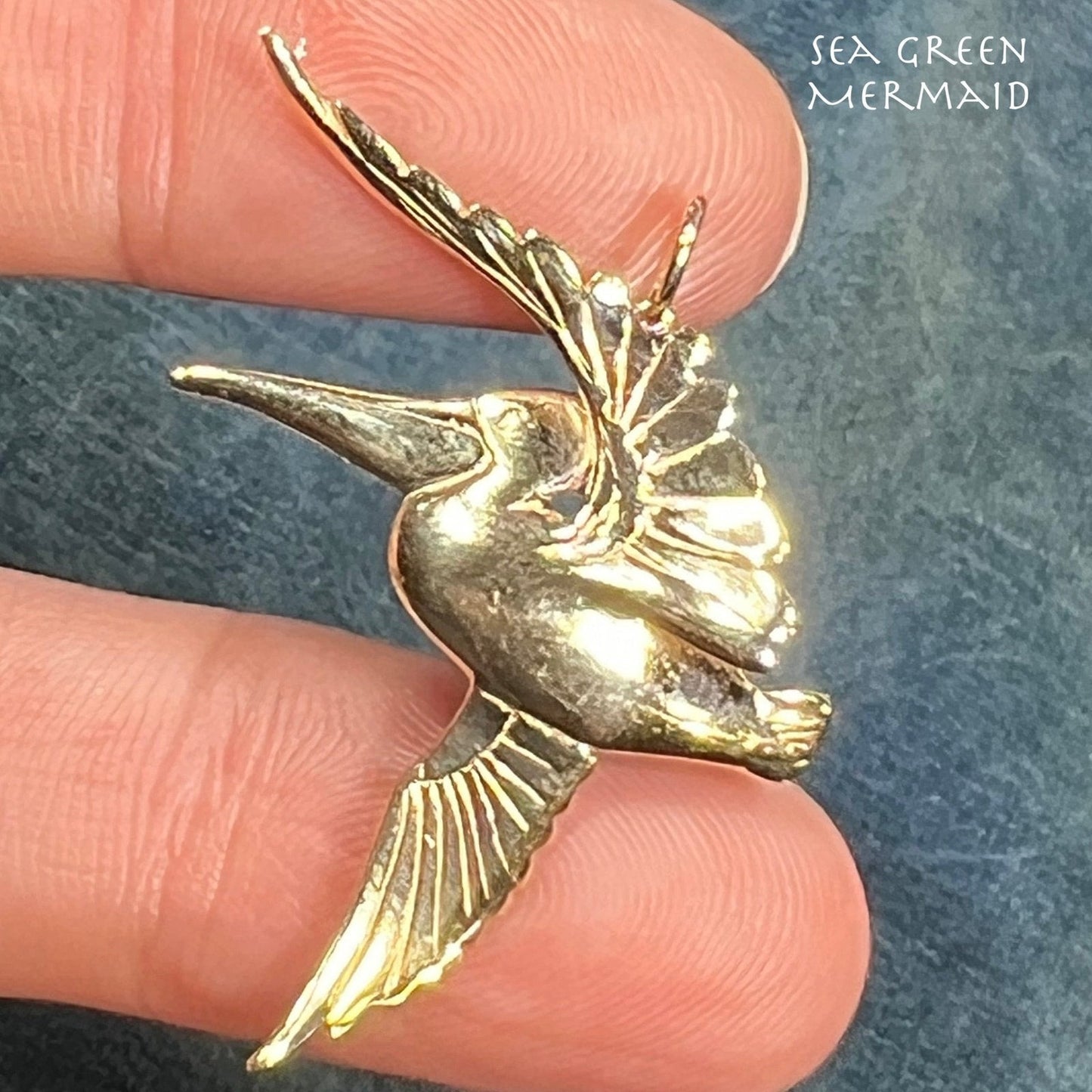 14k Yellow Gold PELICAN in Flight Pendant. Hand-Crafted. 1.5"