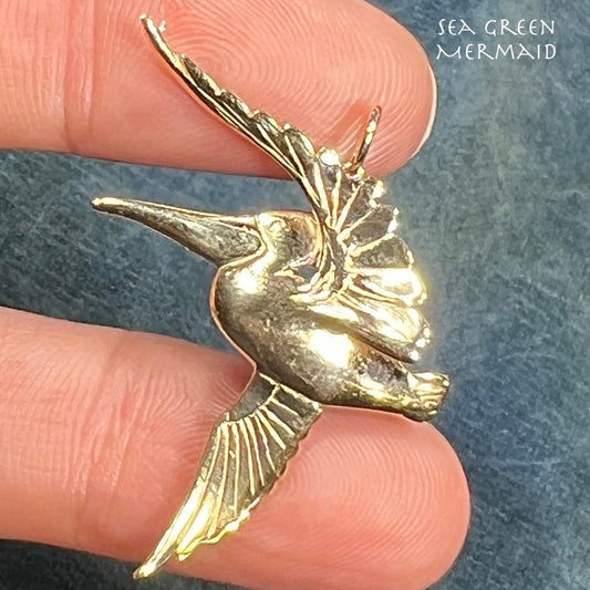 14k Yellow Gold PELICAN in Flight Pendant. Hand-Crafted. 1.5"