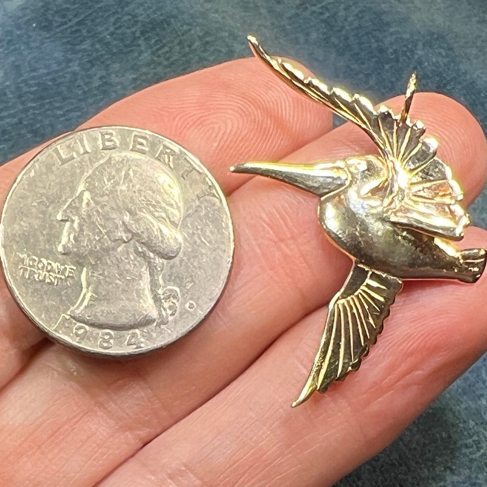 14k Yellow Gold PELICAN in Flight Pendant. Hand-Crafted. 1.5"