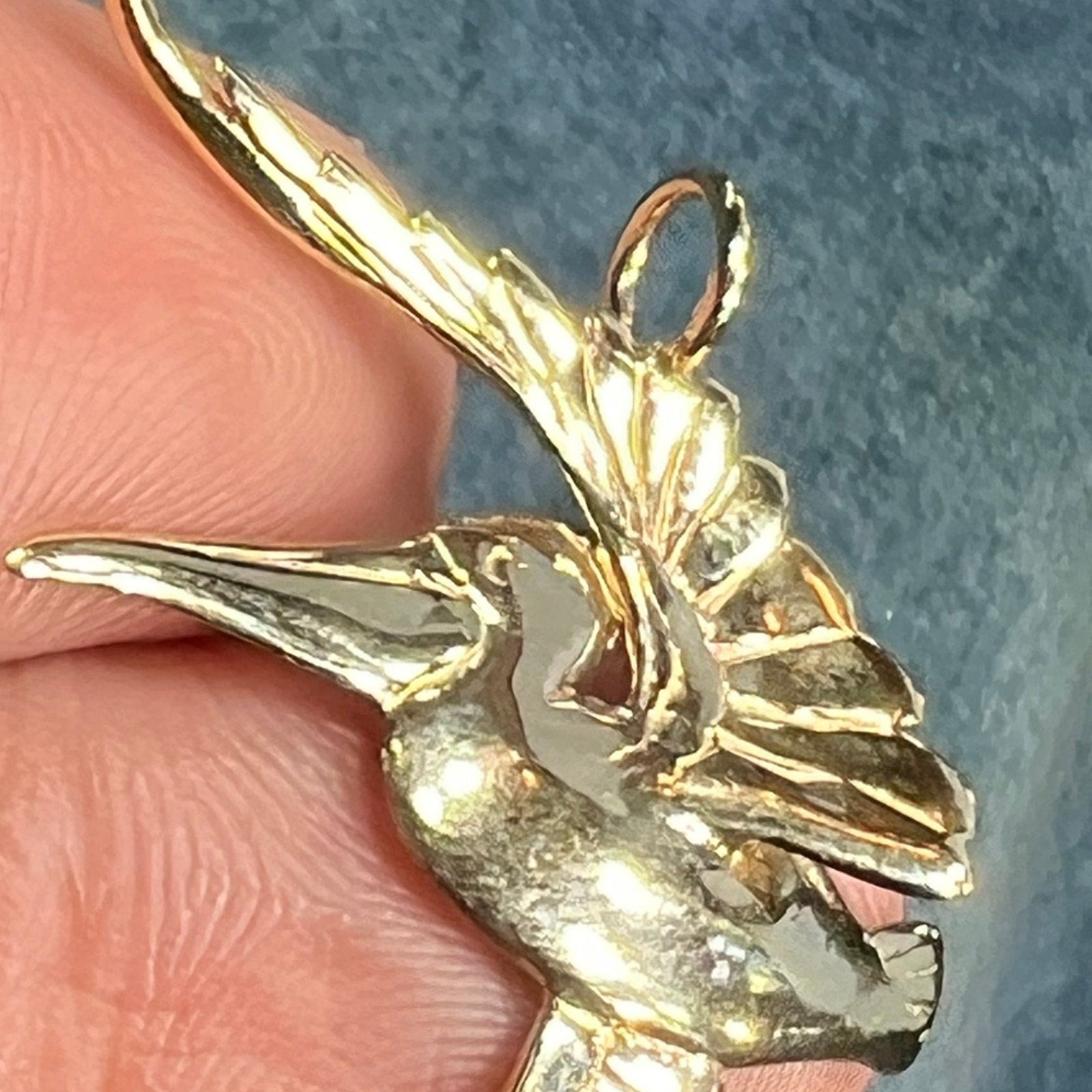 14k Yellow Gold PELICAN in Flight Pendant. Hand-Crafted. 1.5"