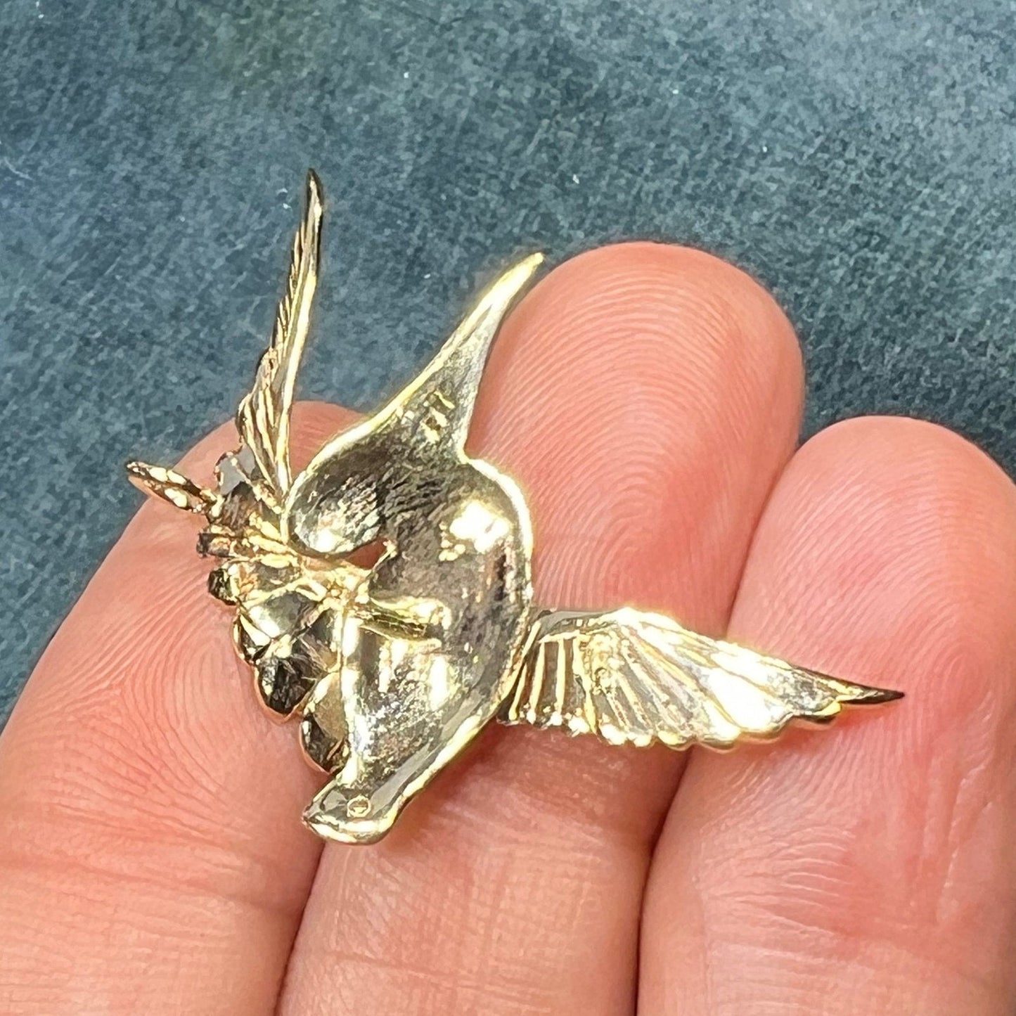 14k Yellow Gold PELICAN in Flight Pendant. Hand-Crafted. 1.5"