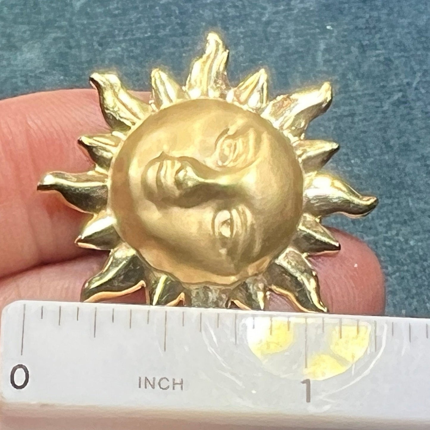 14k Yellow Gold Puffy Sun Burst Face Slide Pendant. 1.25" Medallion