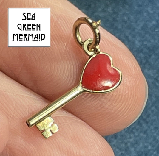 14k Yellow Gold Red Enamel Heart Pendant. The Key to Your Heart! **TINY**