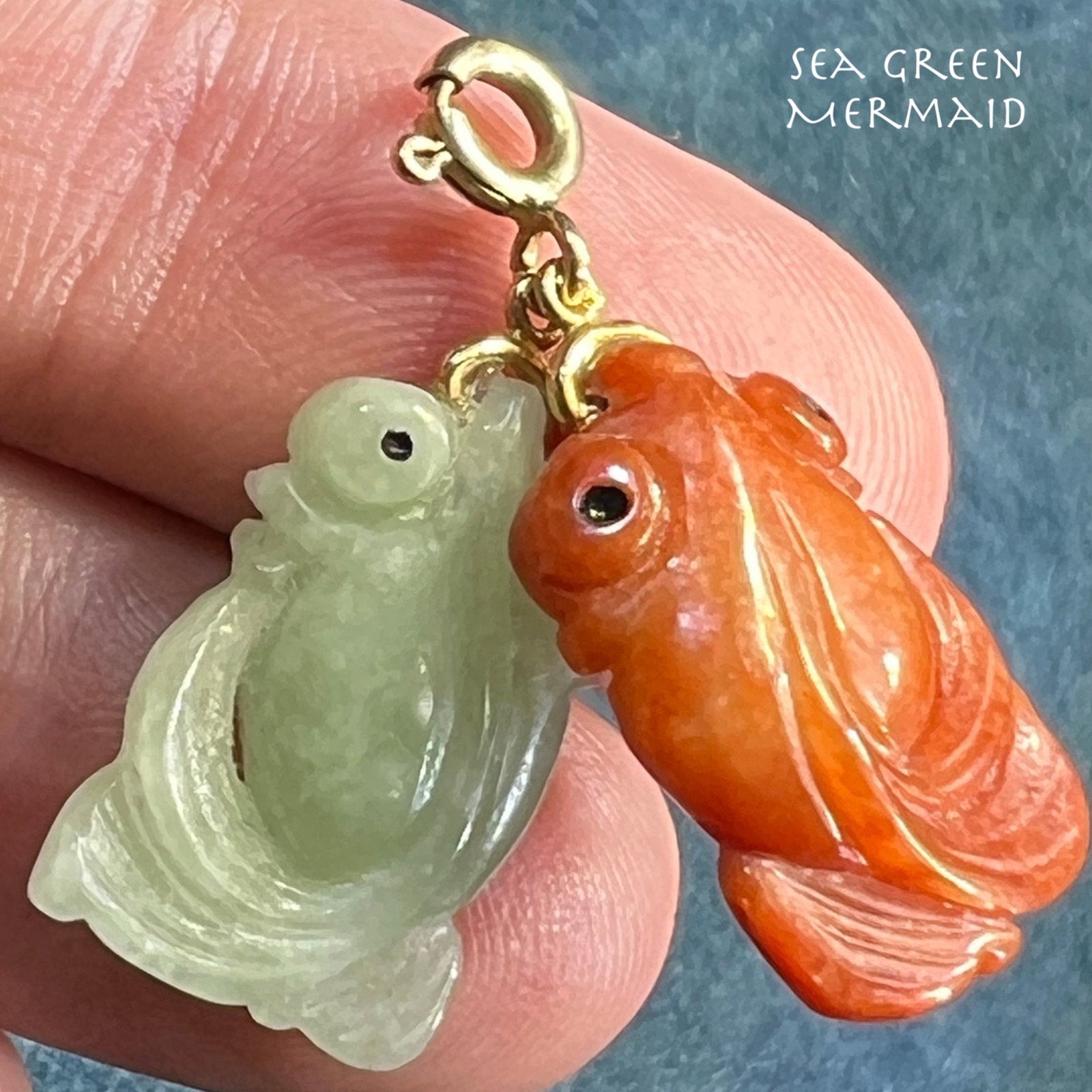 14k Yellow Gold Red + Green Jade Carved KOI Fish Pendant