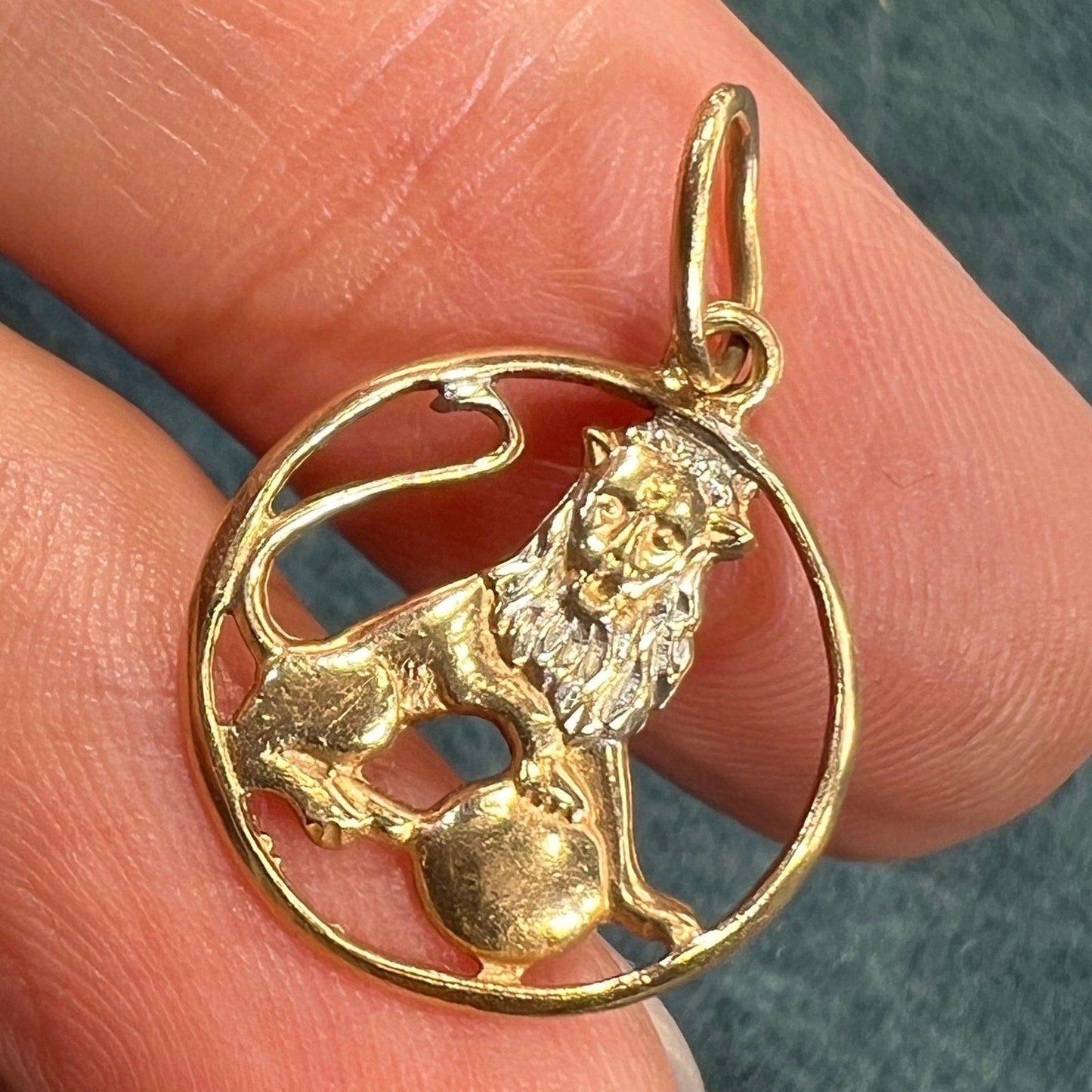 14k Yellow Gold Regal LION Leo Circle Pendant. Antique