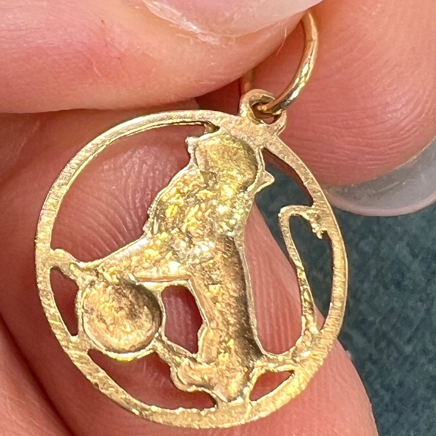 14k Yellow Gold Regal LION Leo Circle Pendant. Antique