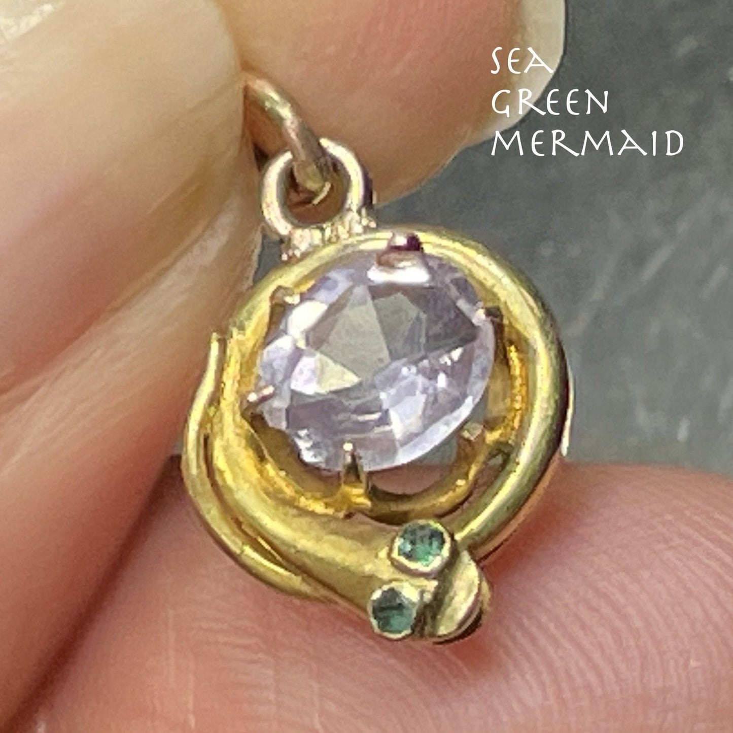14k Yellow Gold SNAKE Pendant w Emerald Eyes & Amethyst Egg