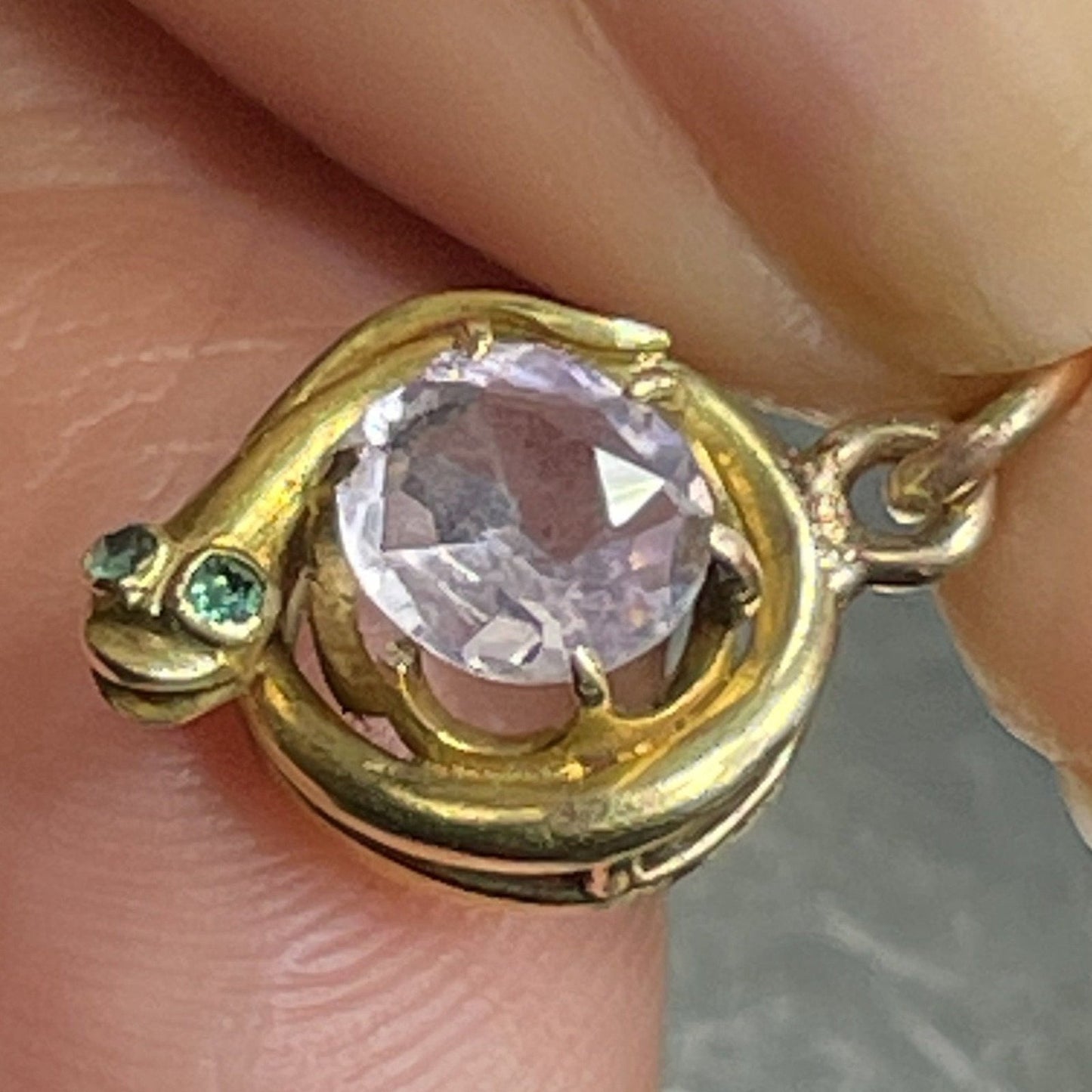 14k Yellow Gold SNAKE Pendant w Emerald Eyes & Amethyst Egg