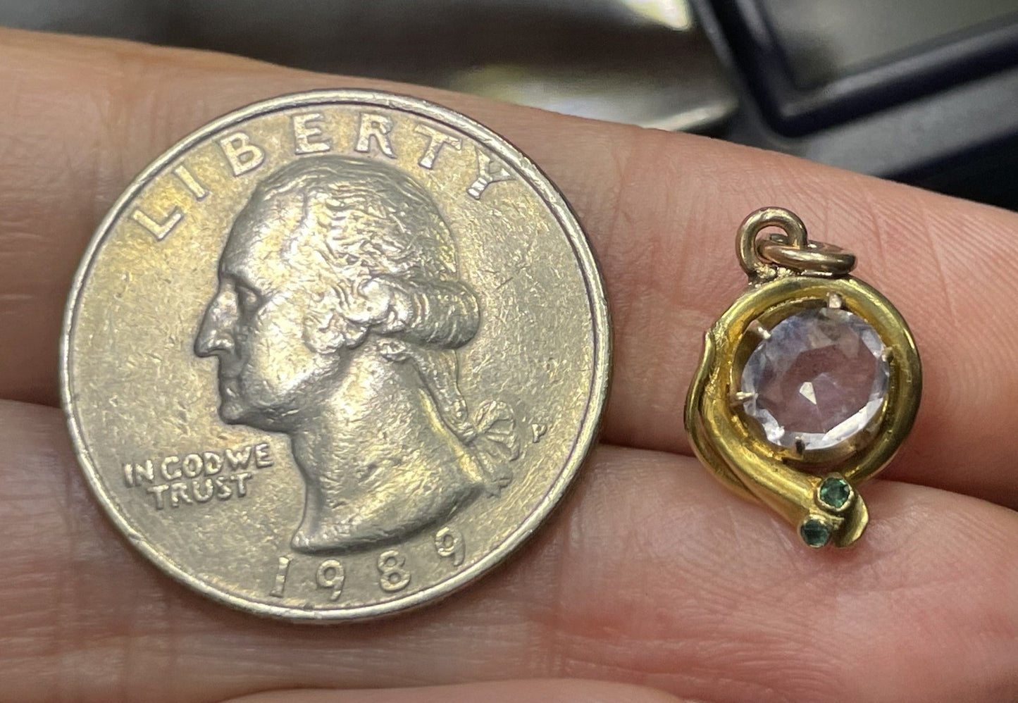 14k Yellow Gold SNAKE Pendant w Emerald Eyes & Amethyst Egg