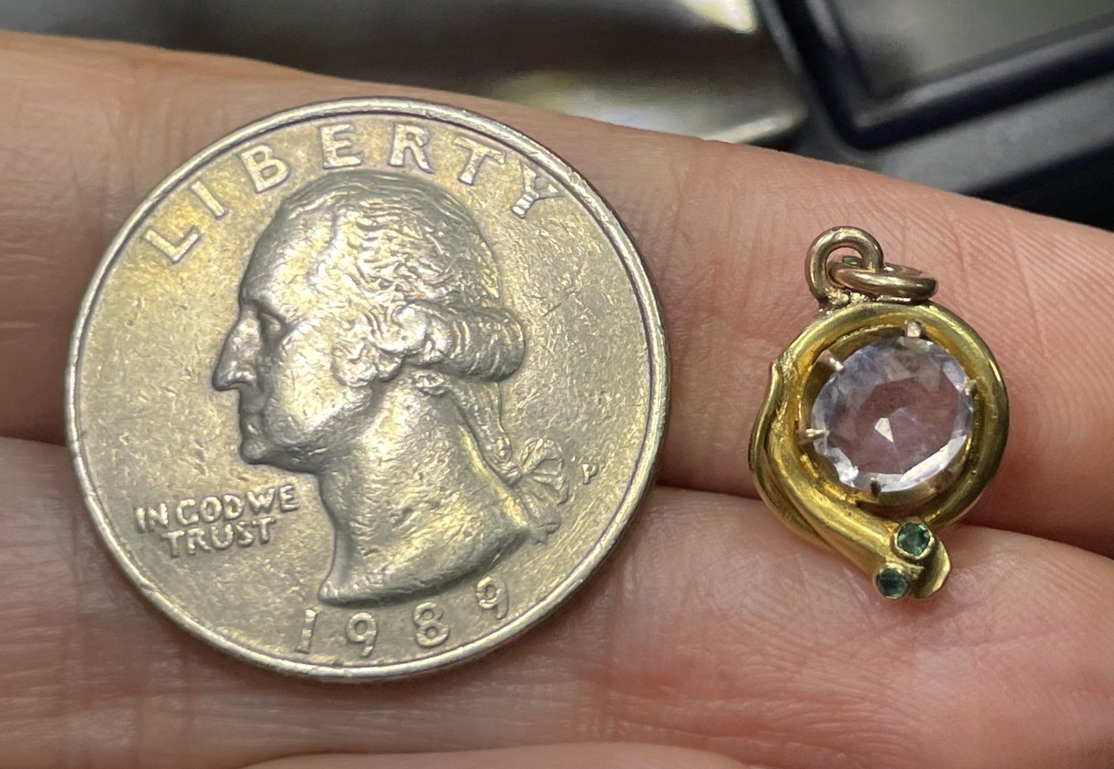 14k Yellow Gold SNAKE Pendant w Emerald Eyes & Amethyst Egg
