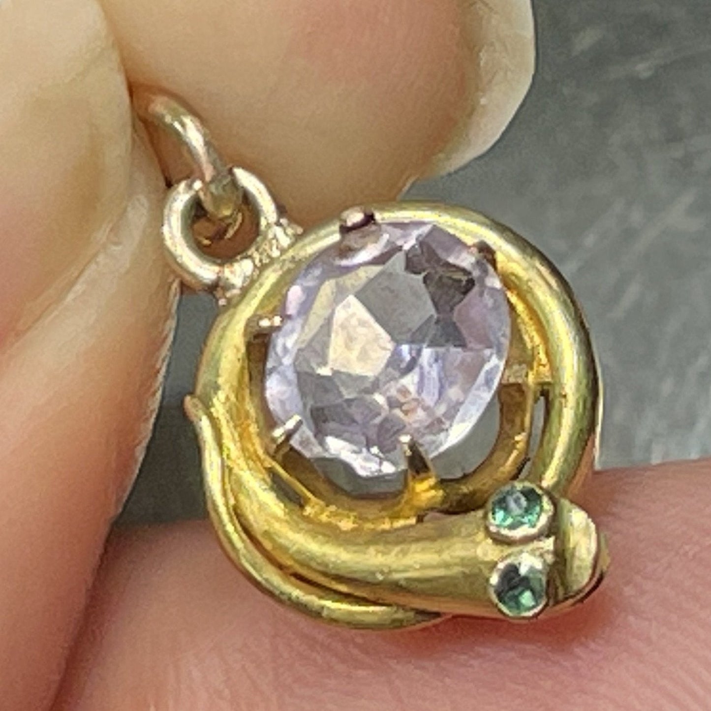 14k Yellow Gold SNAKE Pendant w Emerald Eyes & Amethyst Egg