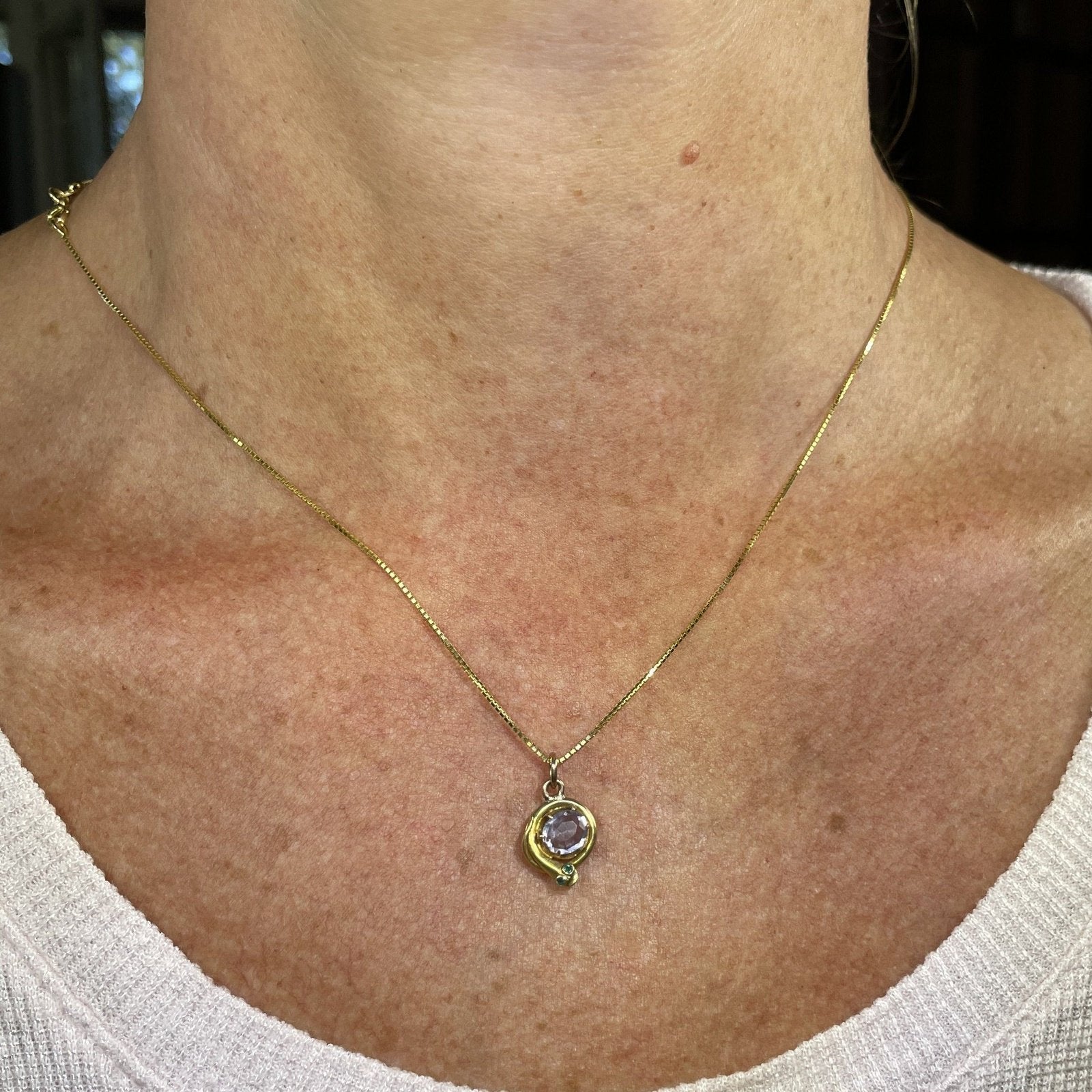 14k Yellow Gold SNAKE Pendant w Emerald Eyes & Amethyst Egg
