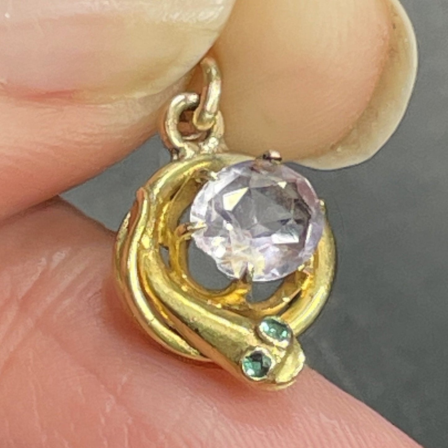 14k Yellow Gold SNAKE Pendant w Emerald Eyes & Amethyst Egg