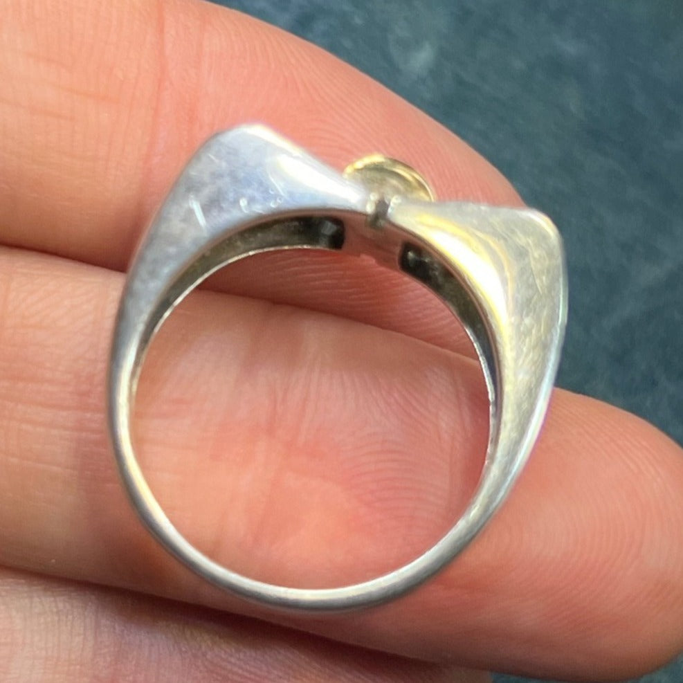 14k Yellow Gold + Silver Fidget Ring w Spinning Top. Marcasite