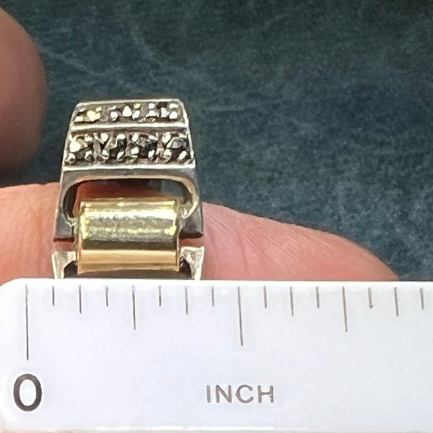 14k Yellow Gold + Silver Fidget Ring w Spinning Top. Marcasite
