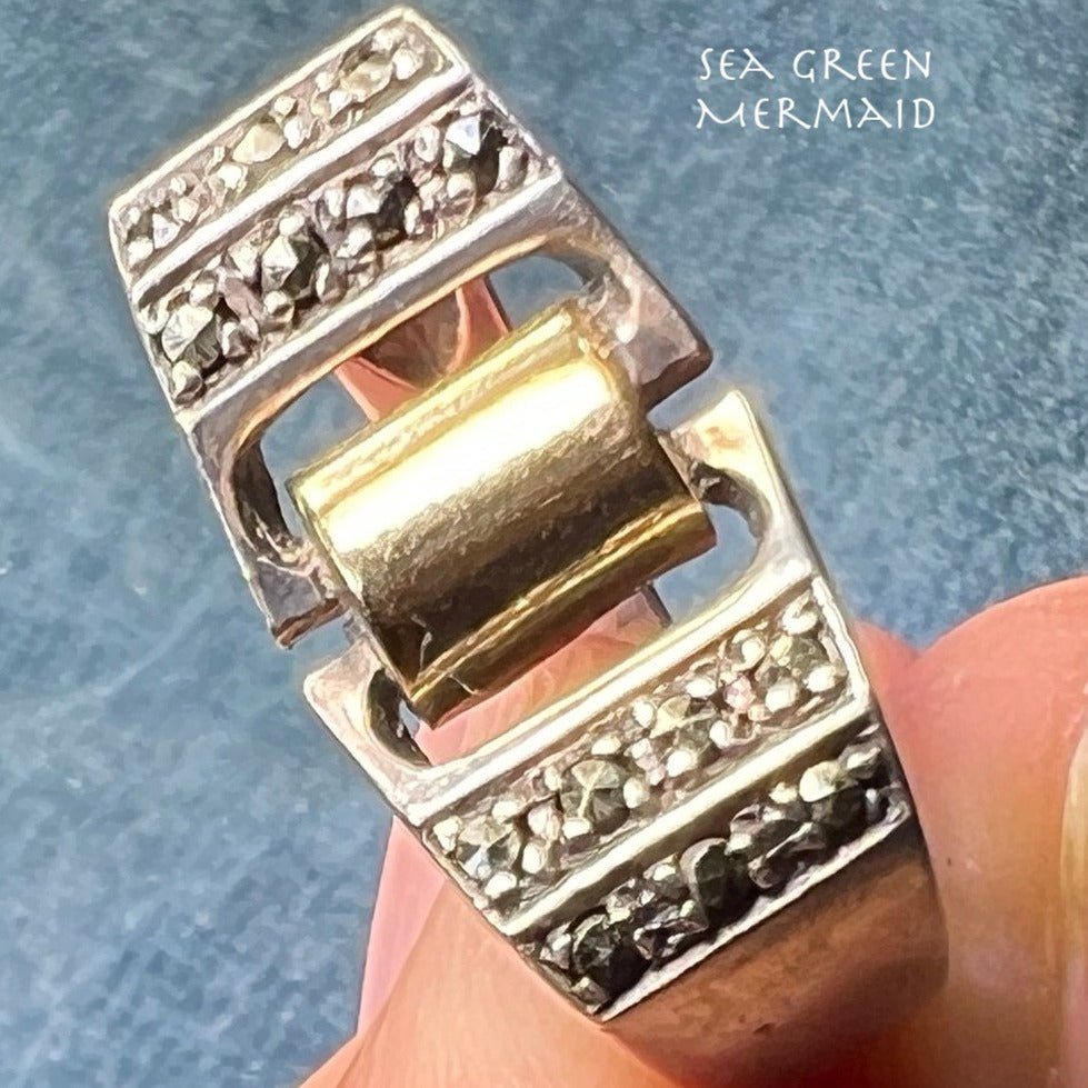 14k Yellow Gold + Silver Fidget Ring w Spinning Top. Marcasite