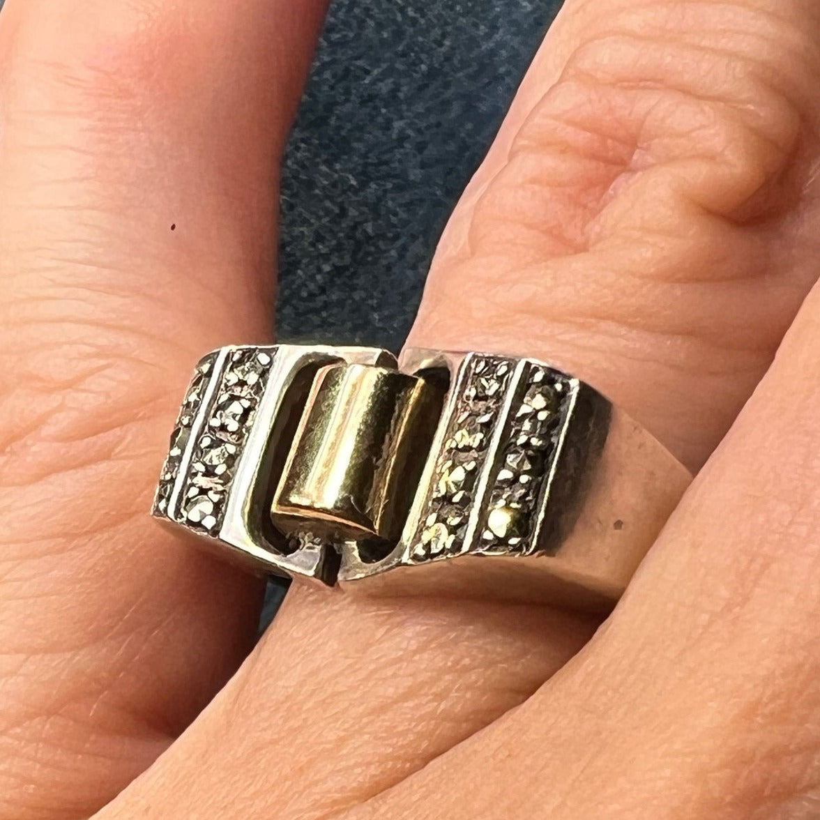 14k Yellow Gold + Silver Fidget Ring w Spinning Top. Marcasite