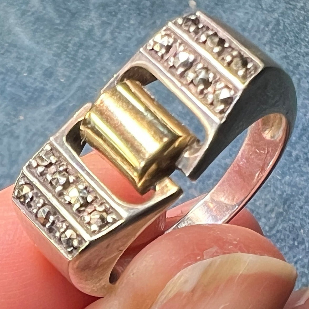 14k Yellow Gold + Silver Fidget Ring w Spinning Top. Marcasite
