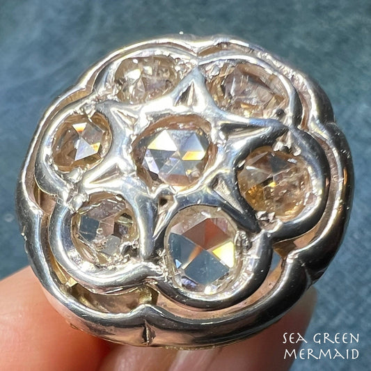 14k Yellow Gold Silver-Top Rose-Cut Diamond Flower Georgian Ring