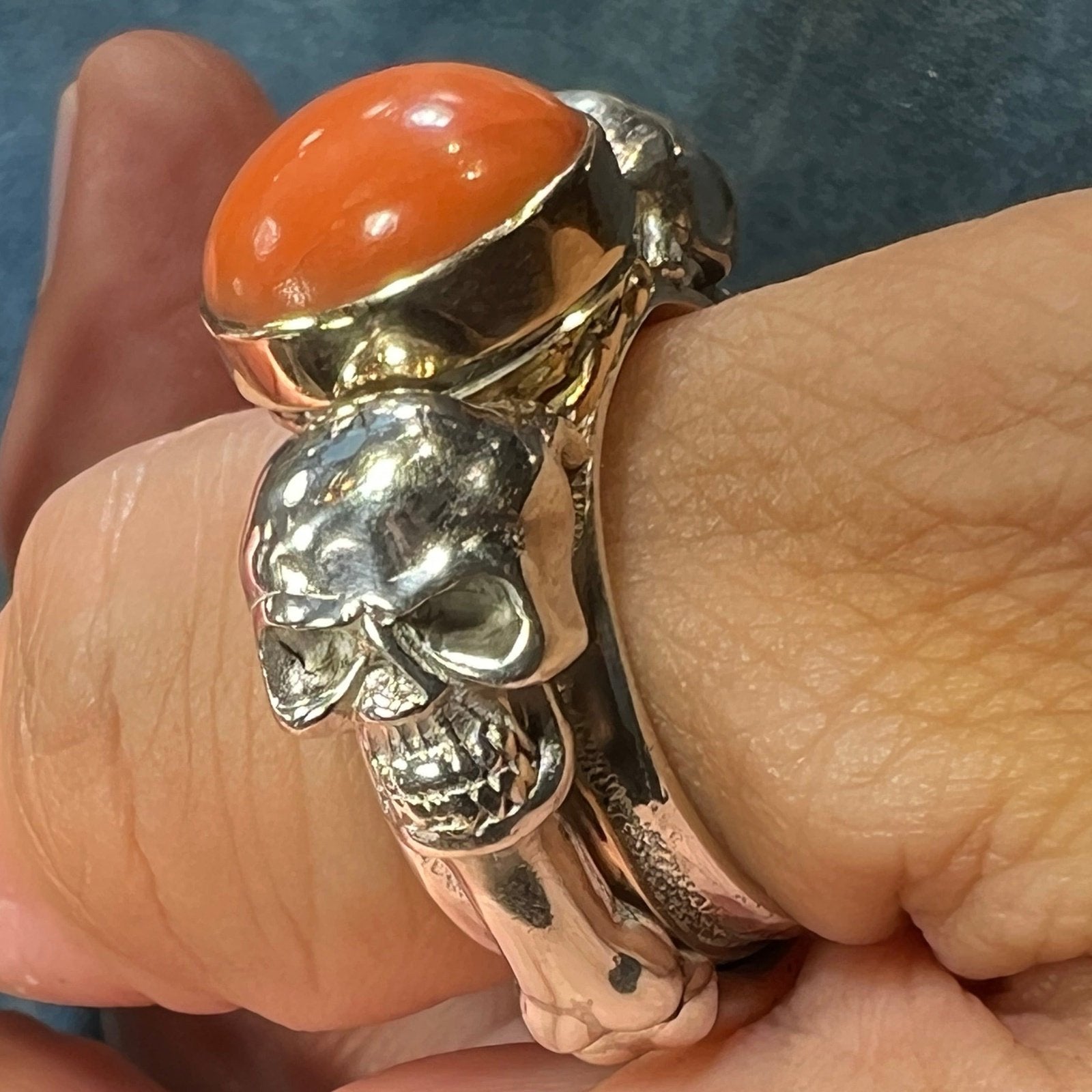 14k Yellow Gold + Sterling SKULL Biker Grim Reaper Ring. 19g