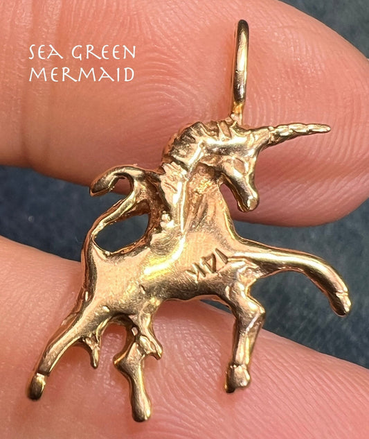 14k Yellow Gold Stylized Prancing Unicorn Pendant. 2-Sided