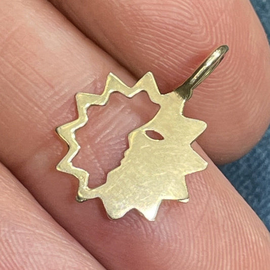 14k Yellow Gold Sun / "Man in the Moon" Face Silhouette Pendant. Reversible Molten/Smooth