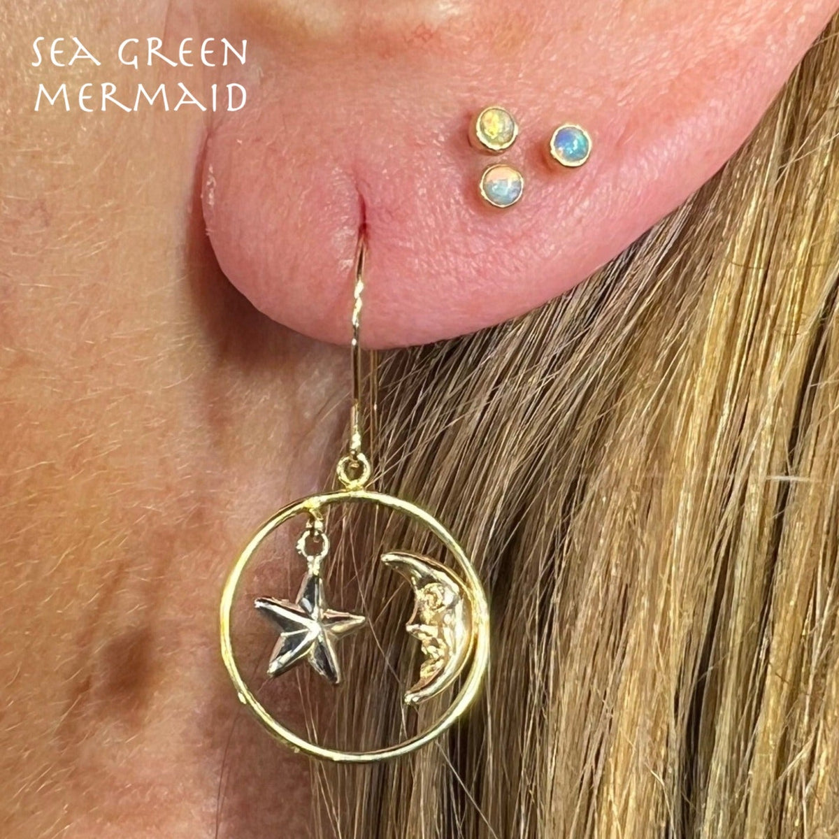 14k Yellow + White Gold Crescent "Man in the Moon" + Star Circle Earrings