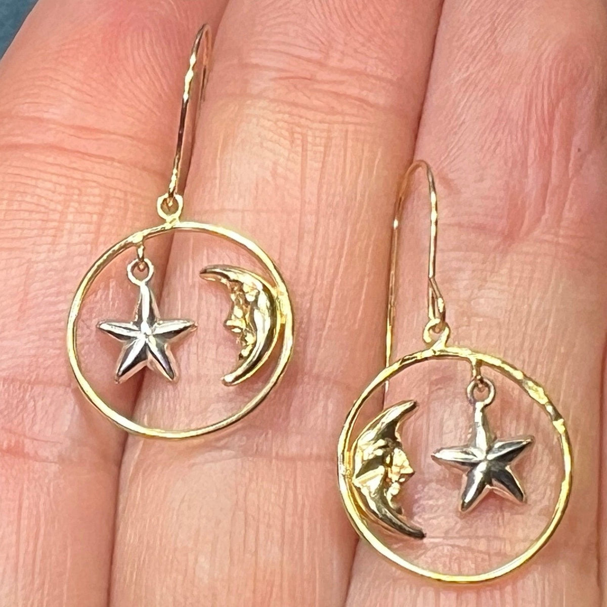 14k Yellow + White Gold Crescent "Man in the Moon" + Star Circle Earrings