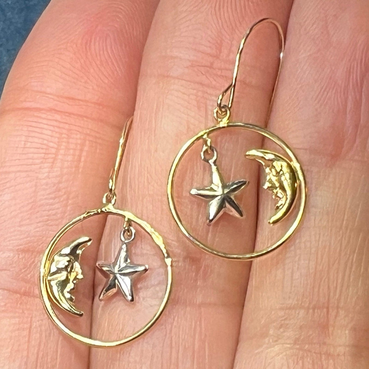 14k Yellow + White Gold Crescent "Man in the Moon" + Star Circle Earrings