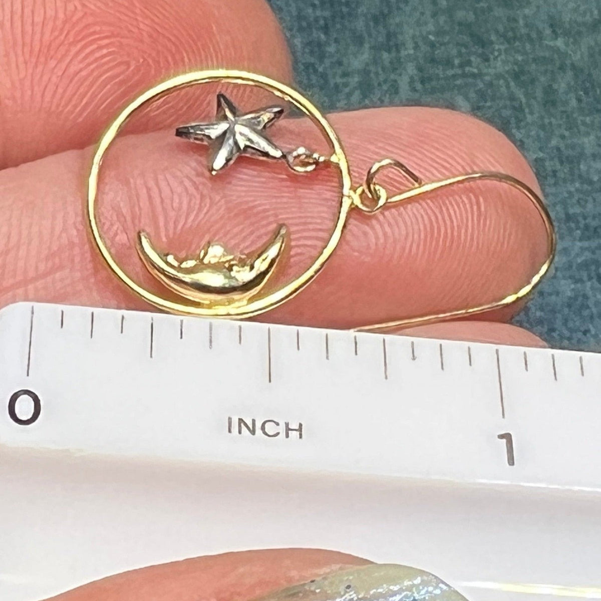 14k Yellow + White Gold Crescent "Man in the Moon" + Star Circle Earrings