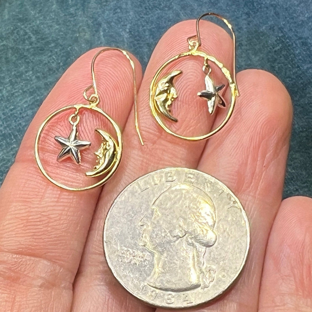 14k Yellow + White Gold Crescent "Man in the Moon" + Star Circle Earrings