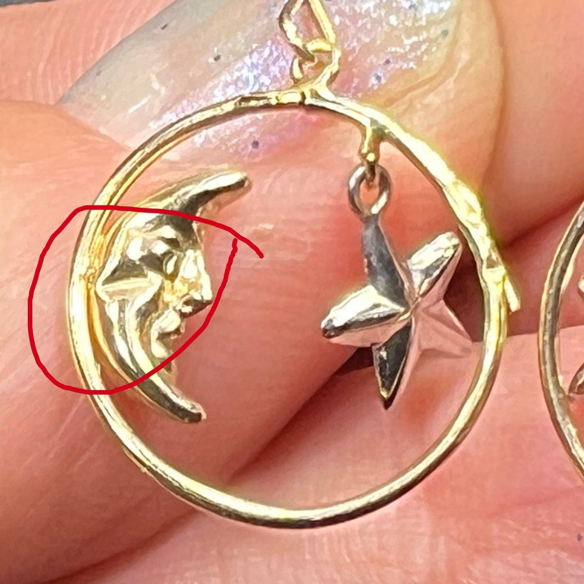 14k Yellow + White Gold Crescent "Man in the Moon" + Star Circle Earrings