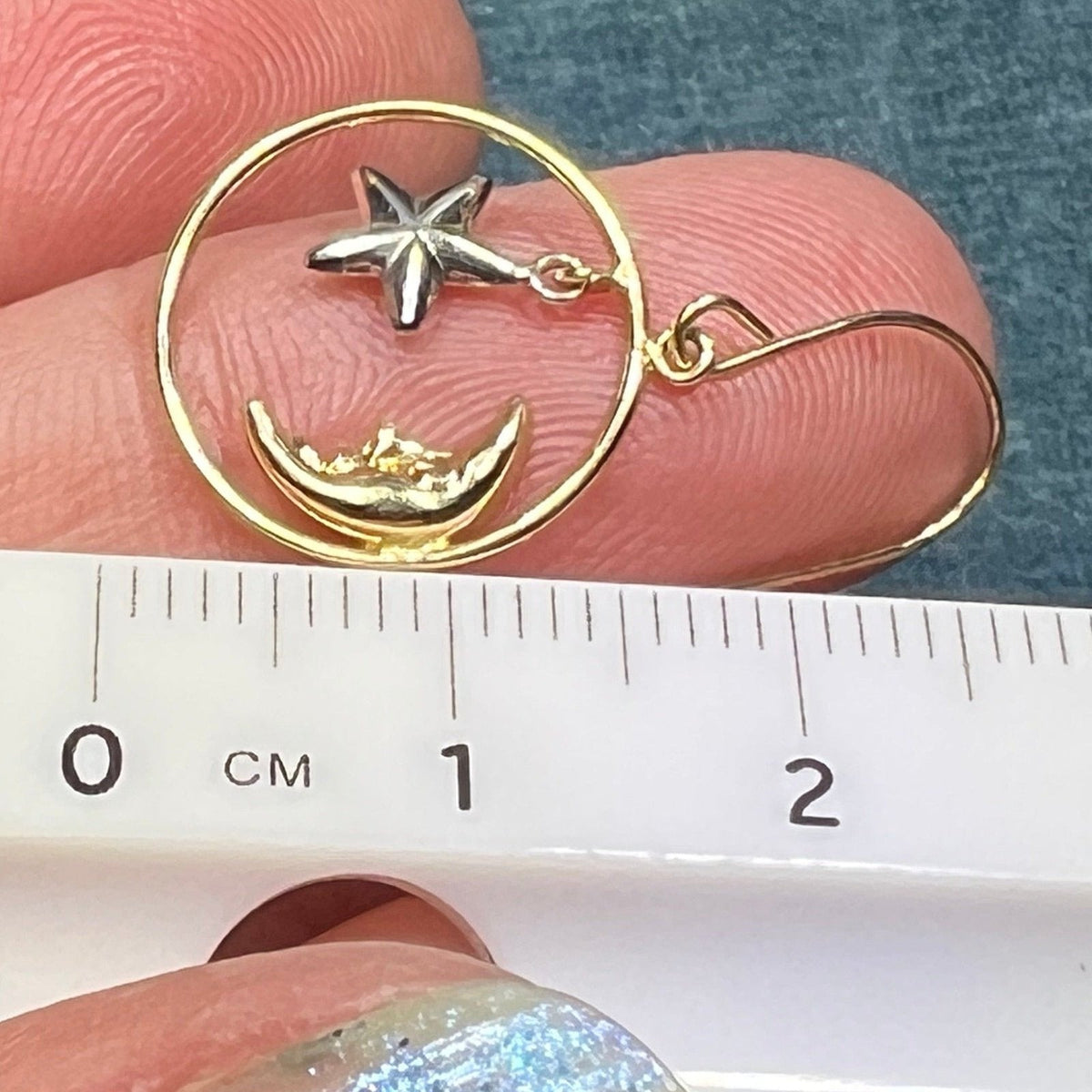 14k Yellow + White Gold Crescent "Man in the Moon" + Star Circle Earrings