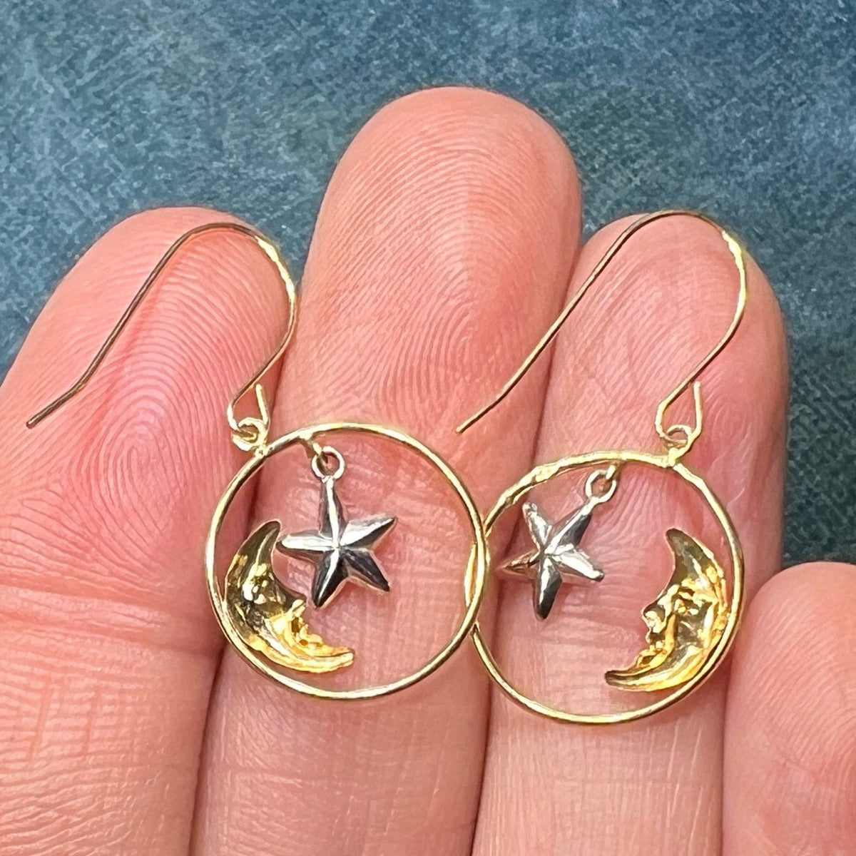 14k Yellow + White Gold Crescent "Man in the Moon" + Star Circle Earrings