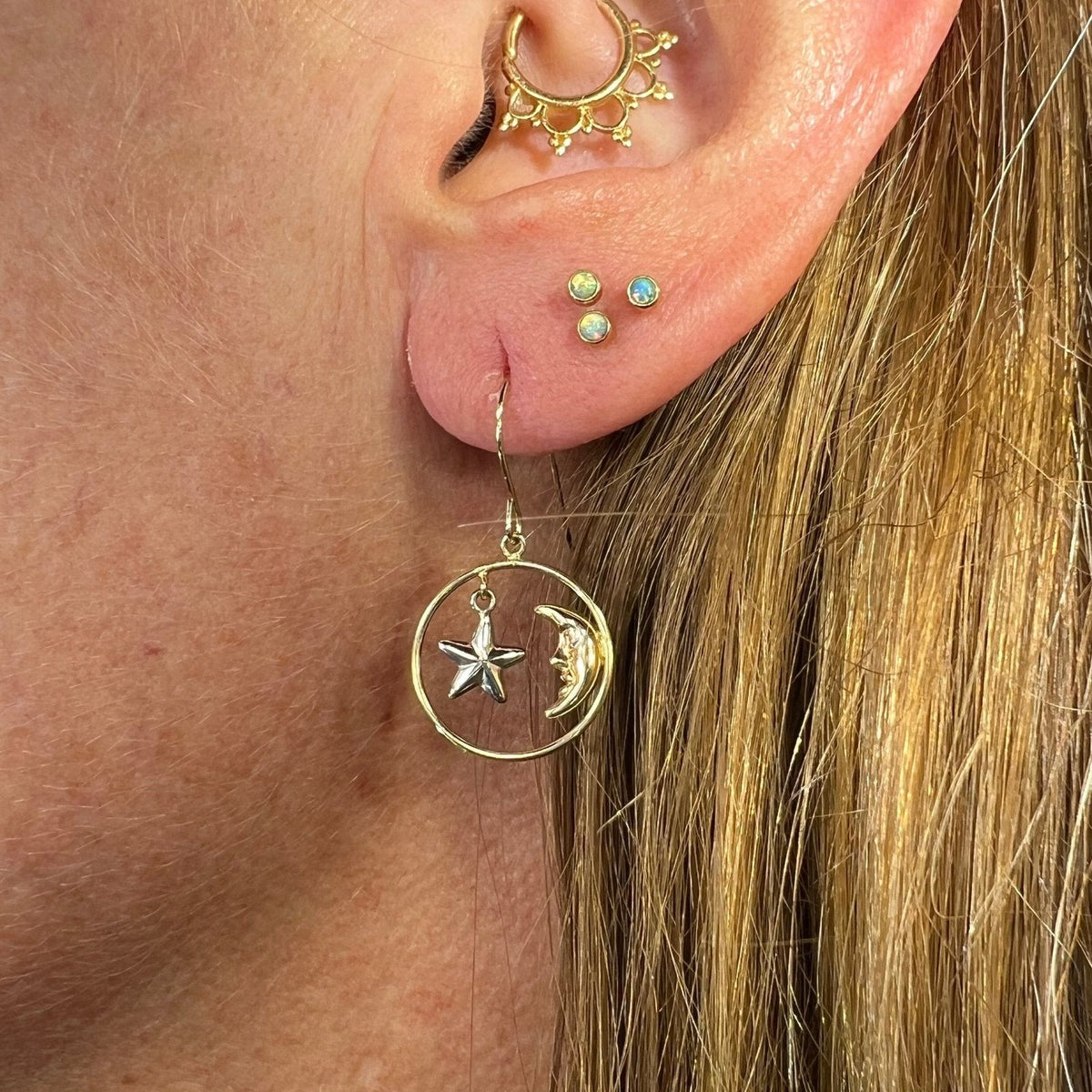14k Yellow + White Gold Crescent "Man in the Moon" + Star Circle Earrings
